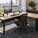Oak L-shaped corner desk with dual monitors and separate paperwork space in a commercial office.